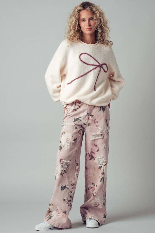 Bella📚Embroidered Bow Charm Knit Sweater