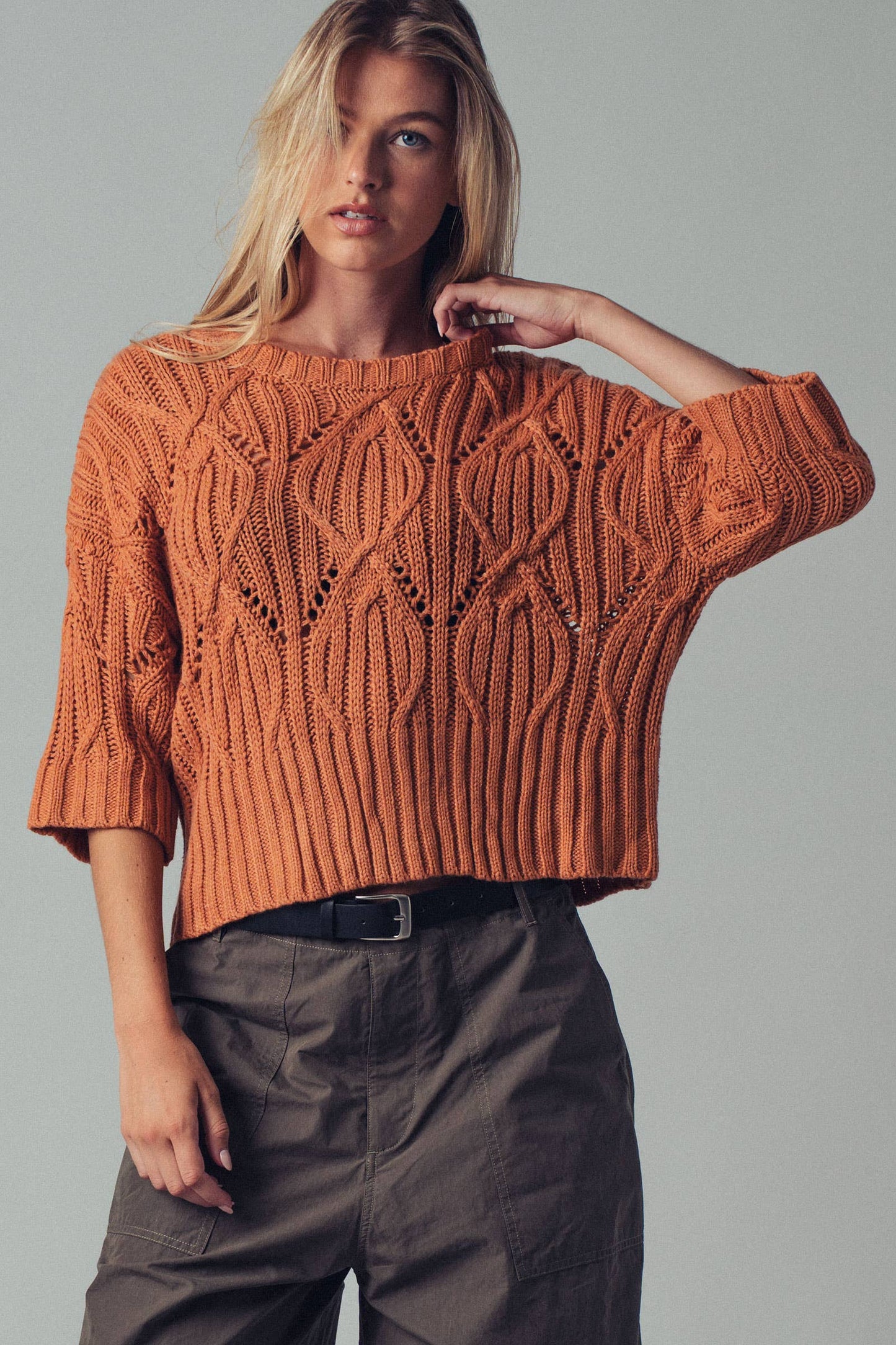 Clary📚Bohemian Knit Crochet Three Quarter Sleeve Crew Neck Sweater