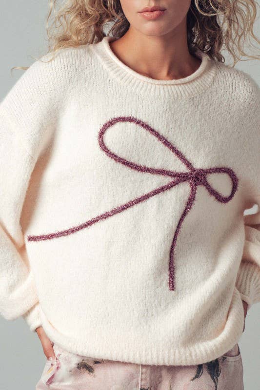 Bella📚Embroidered Bow Charm Knit Sweater