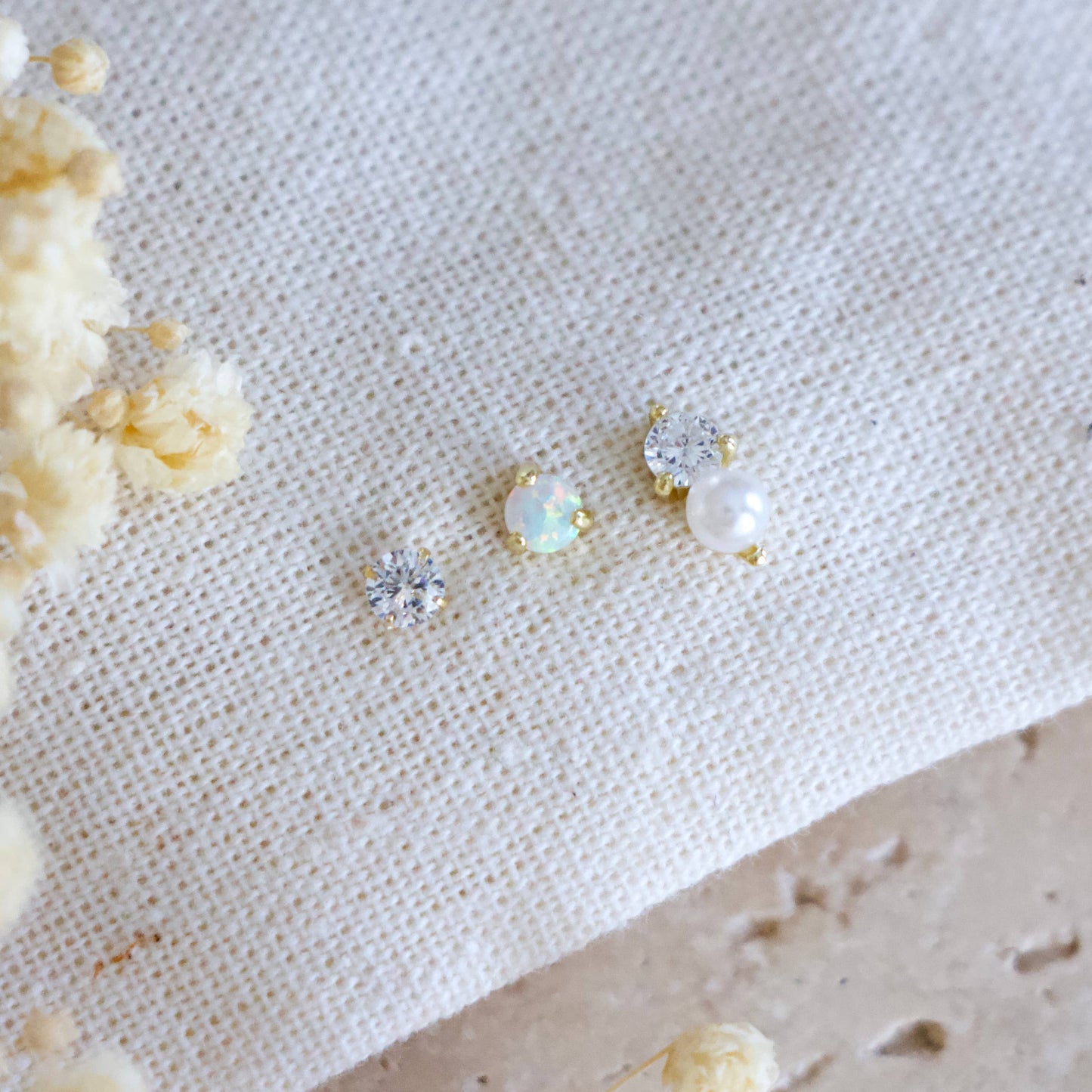 Opal, Pearl, CZ Earring Set, Hypoallergenic, Sterling 