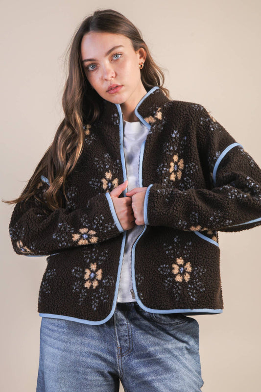 NJ90421-Oversized Floral Printed Fleece Sherpa Jacket