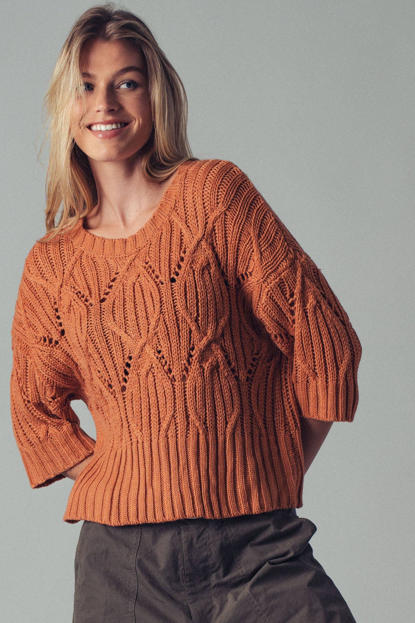 Clary📚Bohemian Knit Crochet Three Quarter Sleeve Crew Neck Sweater