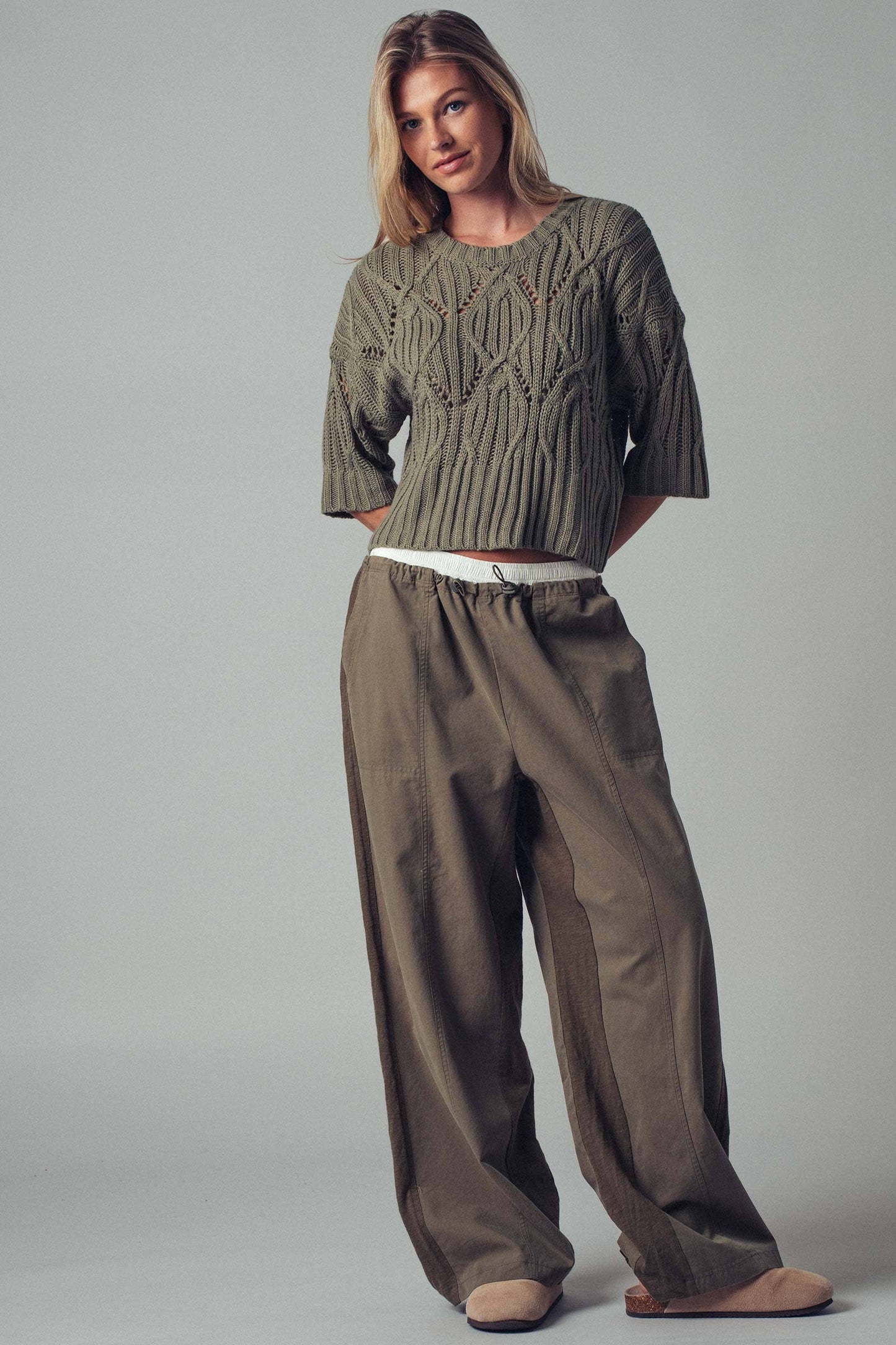 Clary📚Bohemian Knit Crochet Three Quarter Sleeve Crew Neck Sweater