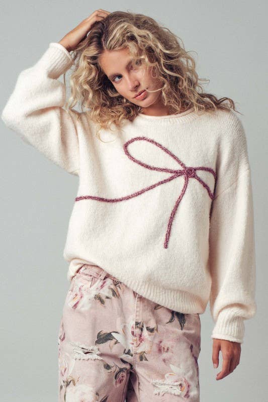 Bella📚Embroidered Bow Charm Knit Sweater
