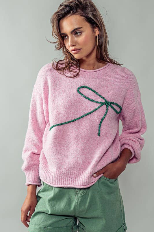 Bella📚Embroidered Bow Charm Knit Sweater