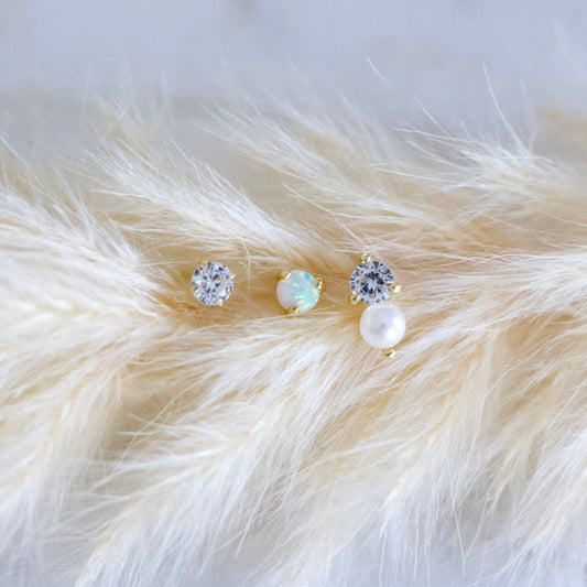 Opal, Pearl, CZ Earring Set, Hypoallergenic, Sterling 