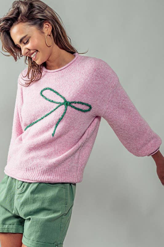 Bella📚Embroidered Bow Charm Knit Sweater