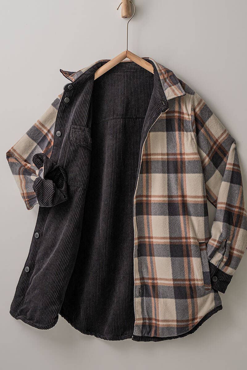 Welsy📚Plaid Lined Corduroy Flannel Shacket