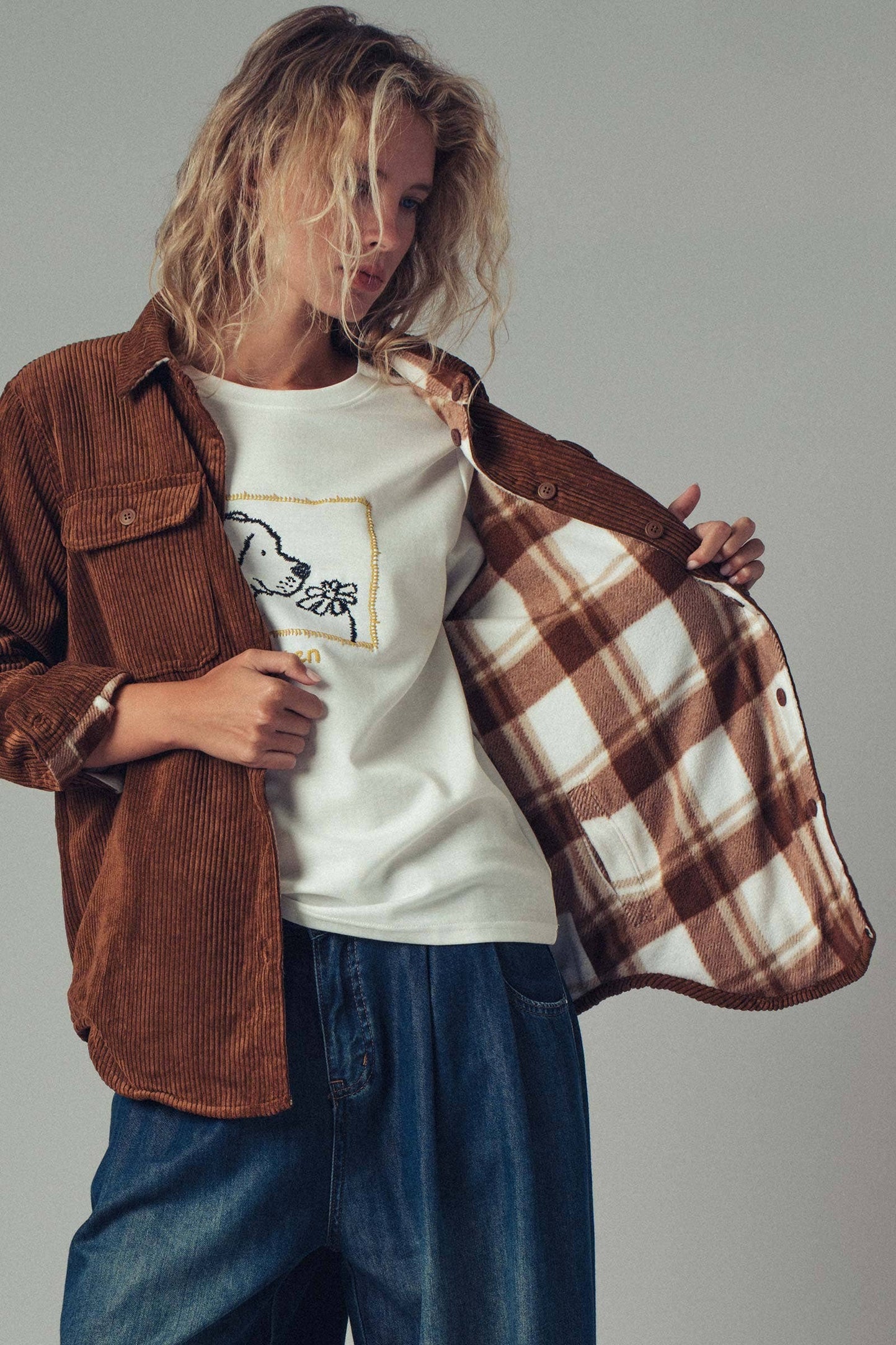 Welsy📚Plaid Lined Corduroy Flannel Shacket