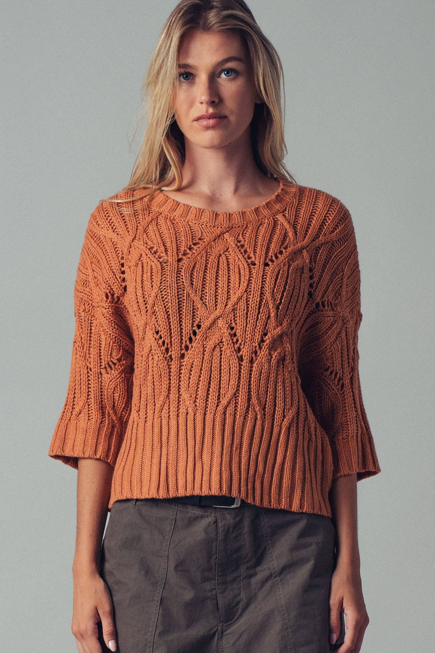 Clary📚Bohemian Knit Crochet Three Quarter Sleeve Crew Neck Sweater