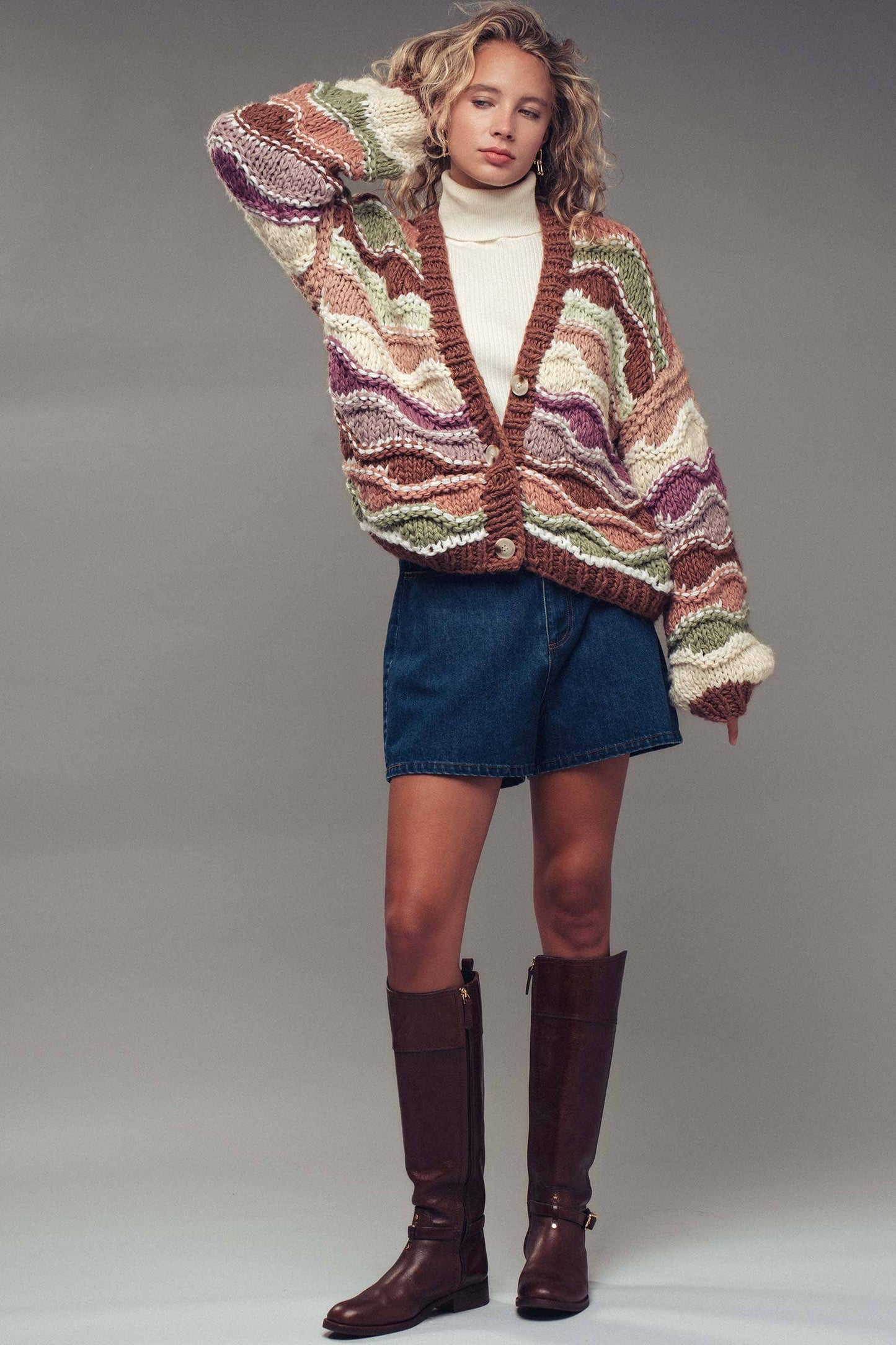 Sookie📚 Chunky Wave Knit Cardigan – Multicolor Yarn, Cropped Fit