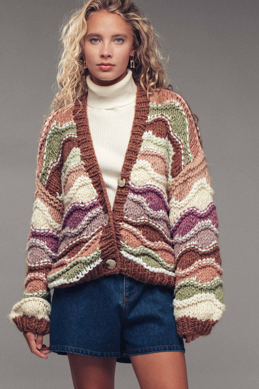 Sookie📚 Chunky Wave Knit Cardigan – Multicolor Yarn, Cropped Fit