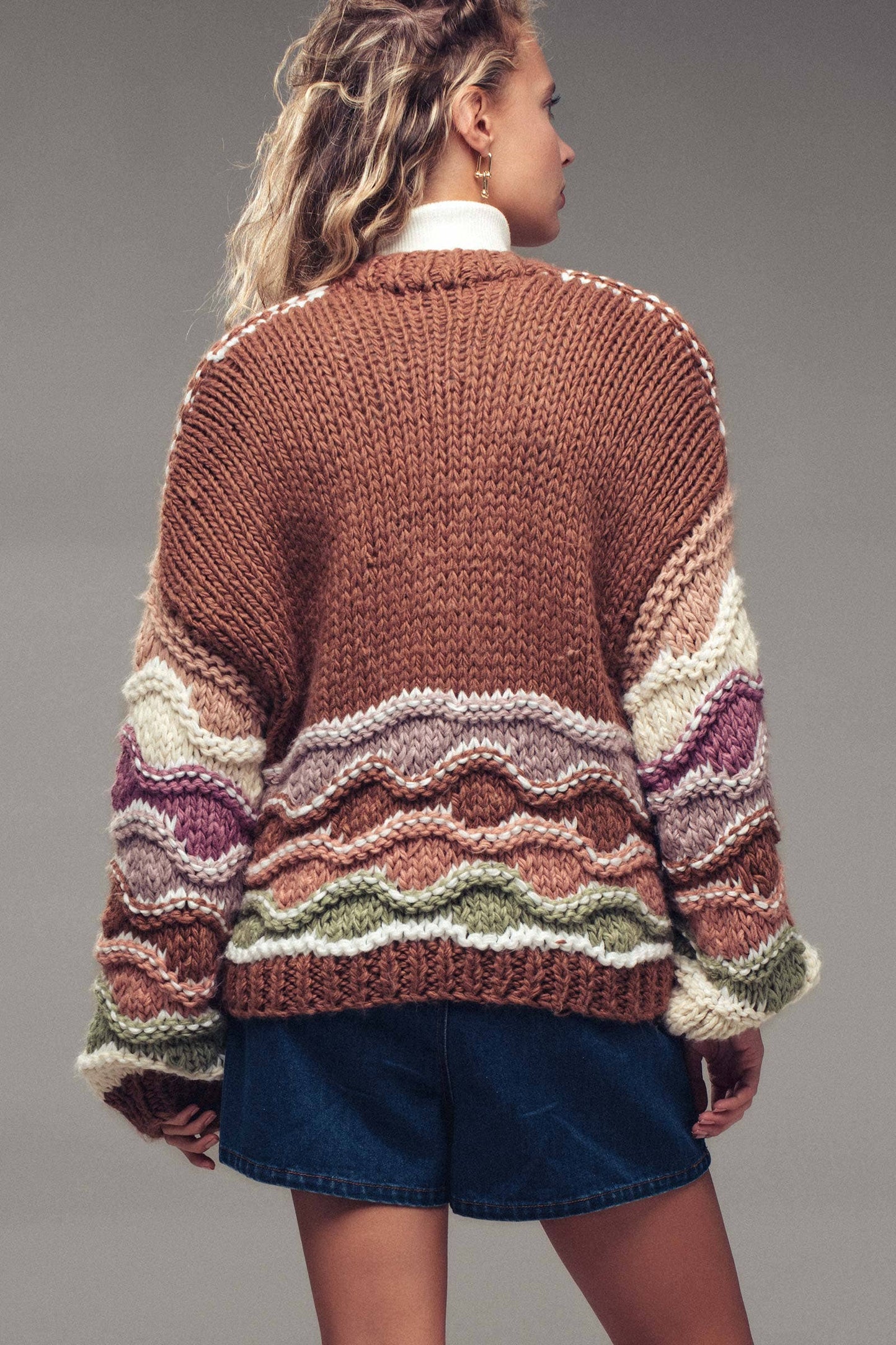 Sookie📚 Chunky Wave Knit Cardigan – Multicolor Yarn, Cropped Fit