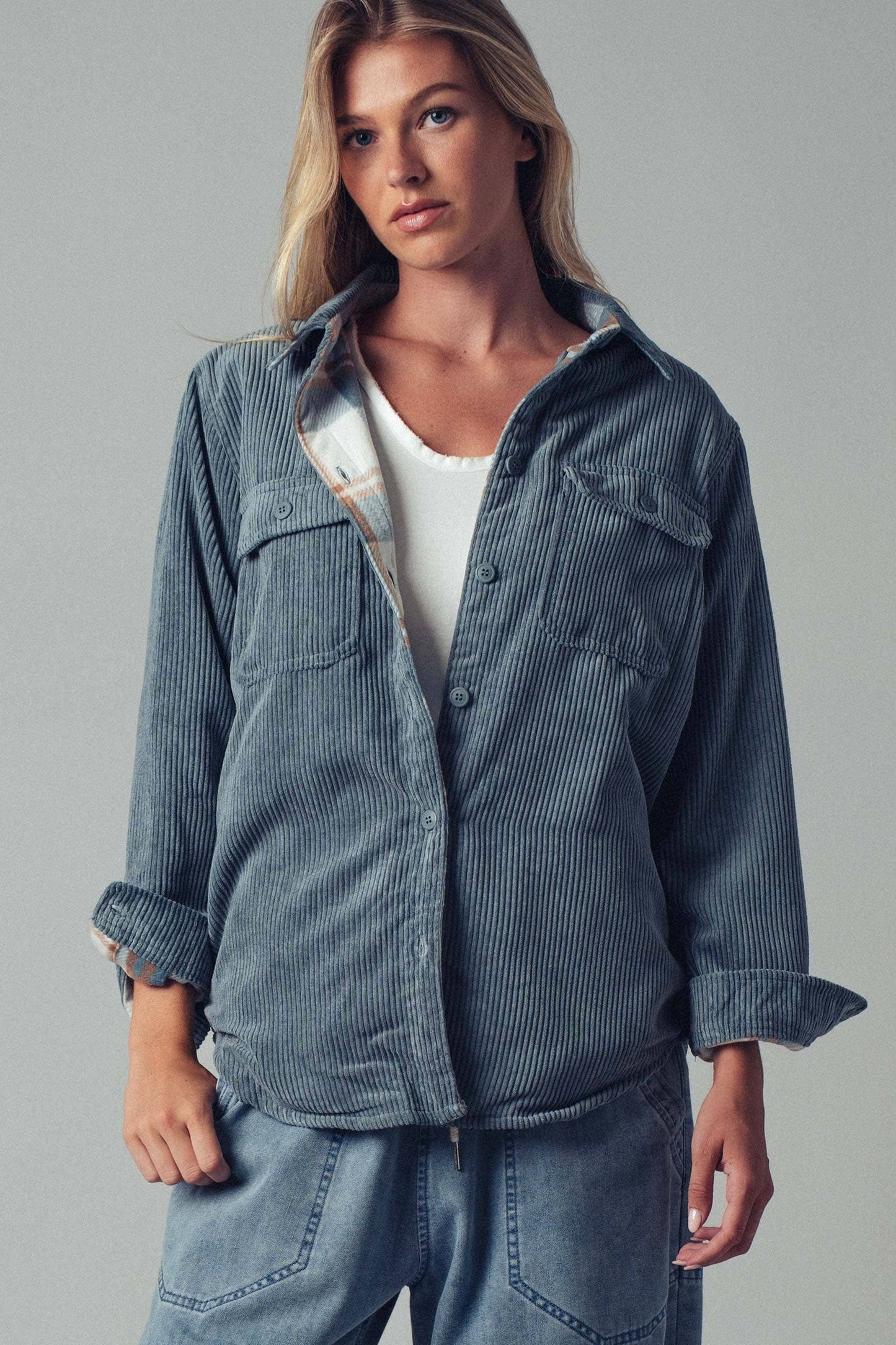 Welsy📚Plaid Lined Corduroy Flannel Shacket