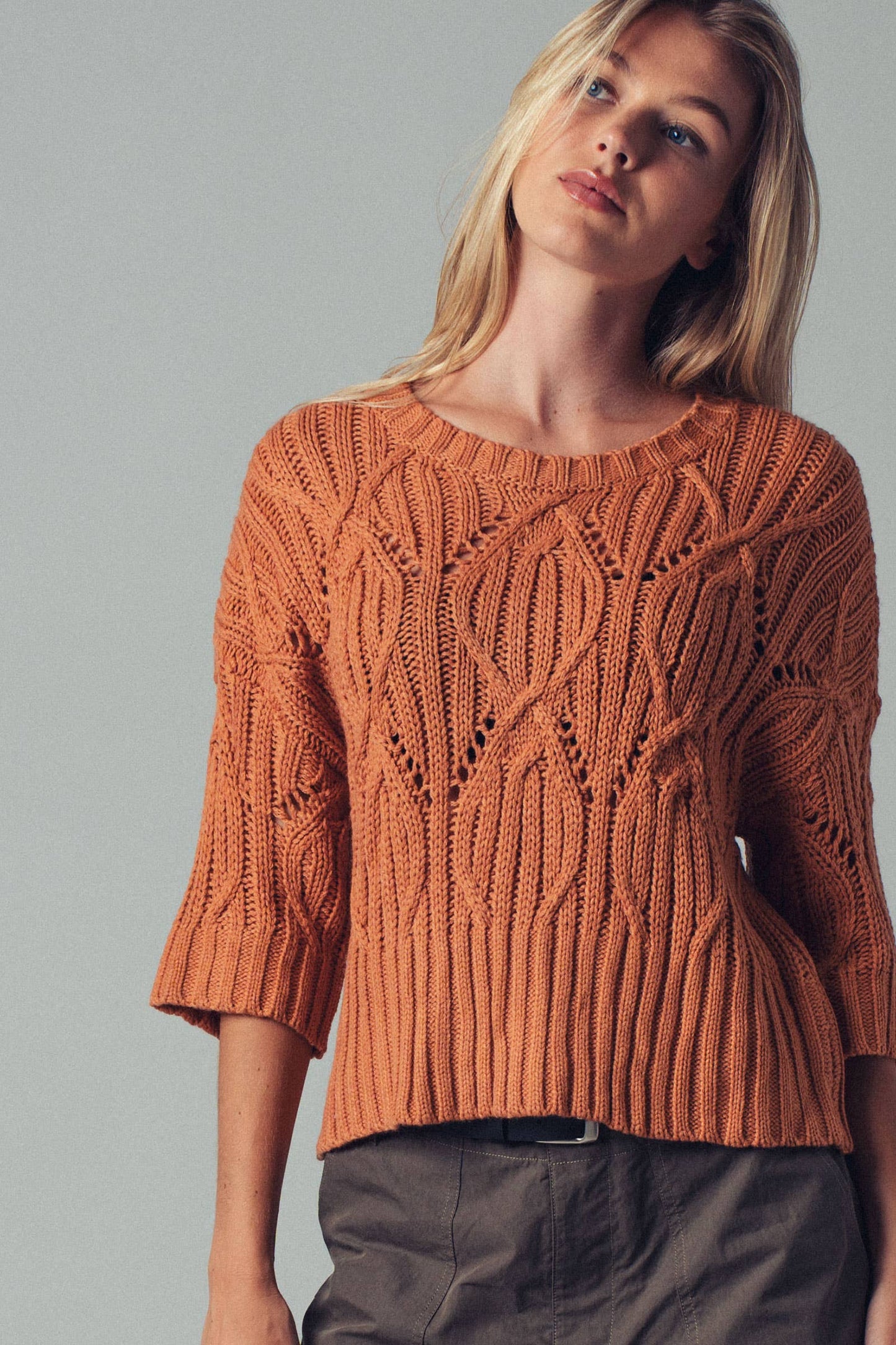 Clary📚Bohemian Knit Crochet Three Quarter Sleeve Crew Neck Sweater