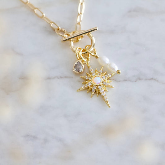 CZ, Opal Star, Freshwater Pearl,Charm Toggle Necklace