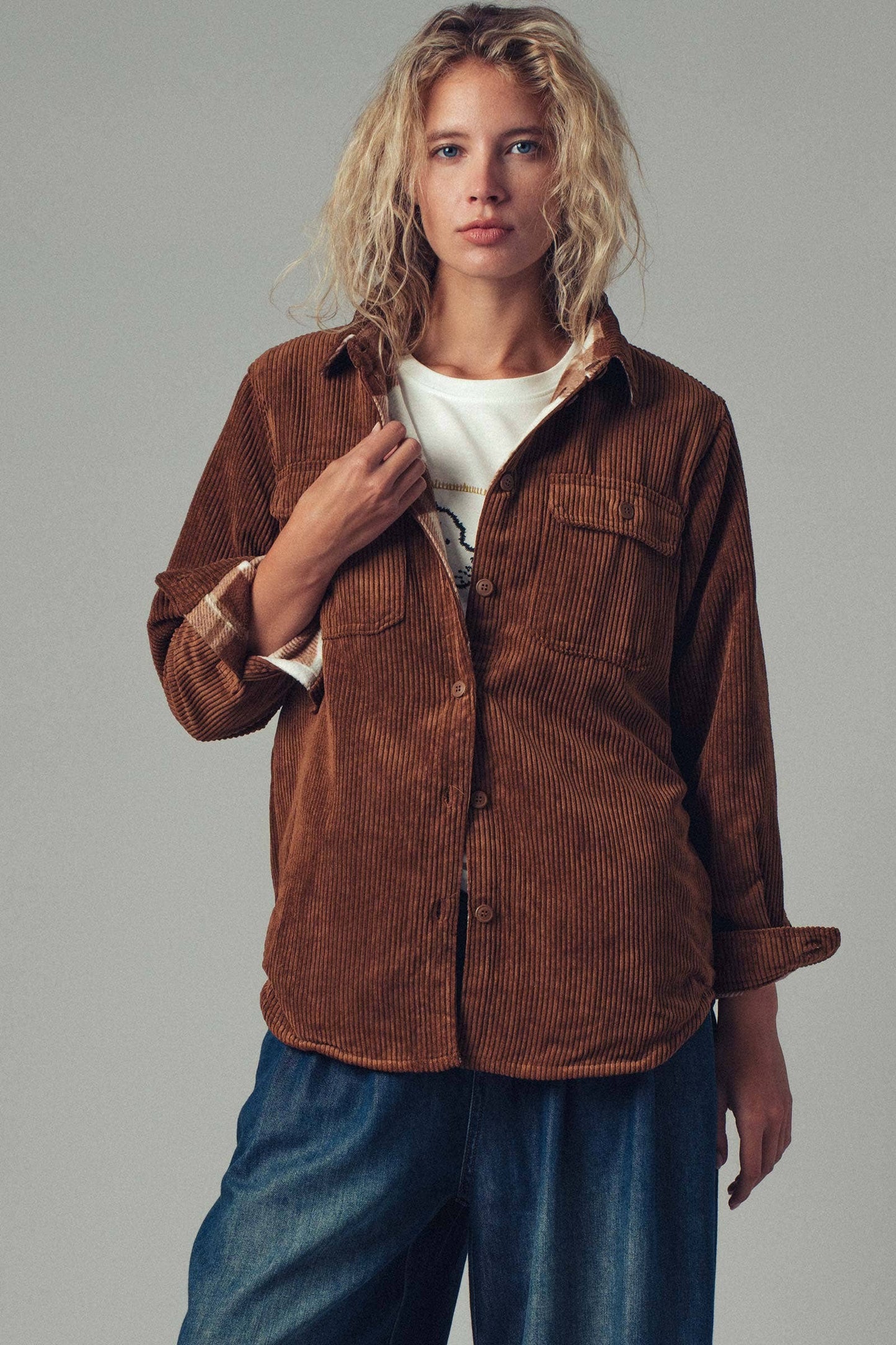 Welsy📚Plaid Lined Corduroy Flannel Shacket