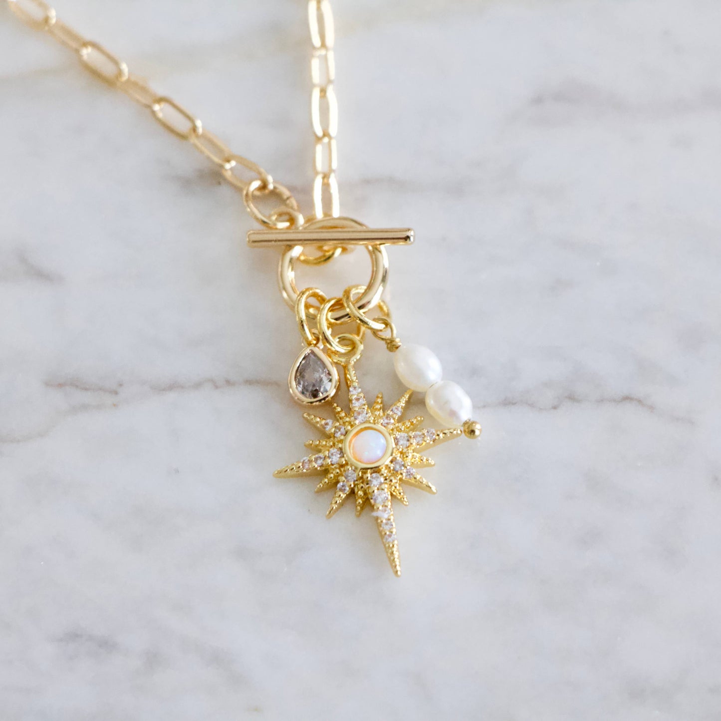 CZ, Opal Star, Freshwater Pearl,Charm Toggle Necklace