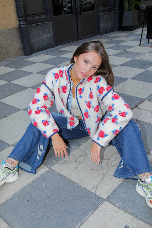 NJ90421-Oversized Floral Printed Fleece Sherpa Jacket