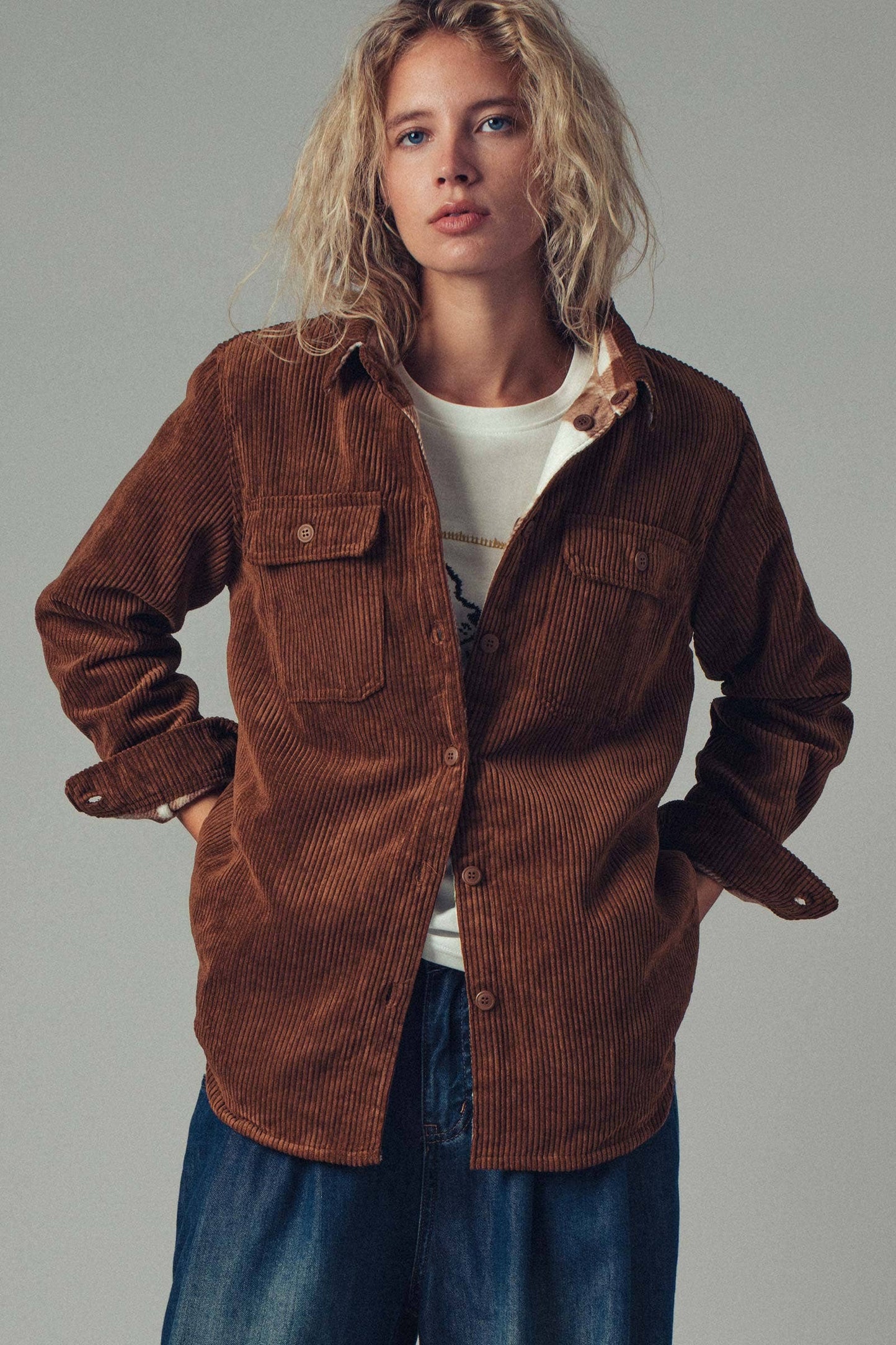 Welsy📚Plaid Lined Corduroy Flannel Shacket