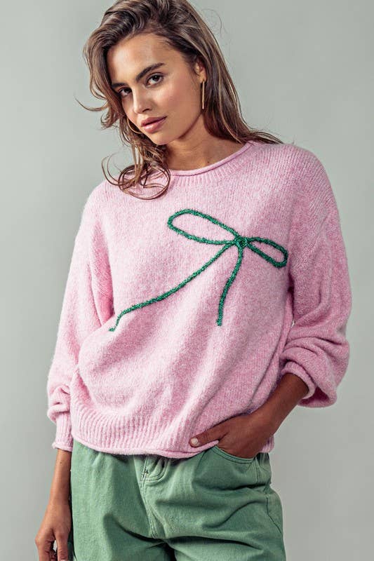 Bella📚Embroidered Bow Charm Knit Sweater