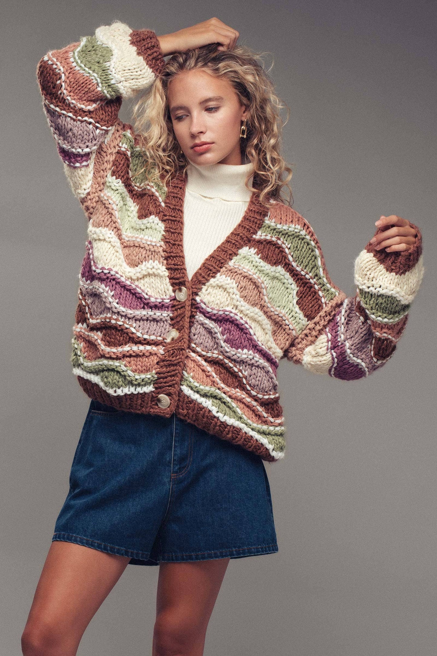 Sookie📚 Chunky Wave Knit Cardigan – Multicolor Yarn, Cropped Fit